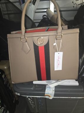 Taupe Tote with Black and Red Center Stripe - Women’s Top-Handle Bag